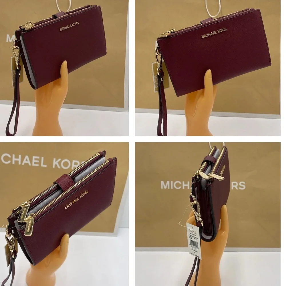 MICHAEL KORS LG DOUBLE ZIP WRISTLET MERLOT DARK CHERRY MULBERRY PHONE CASE NWT